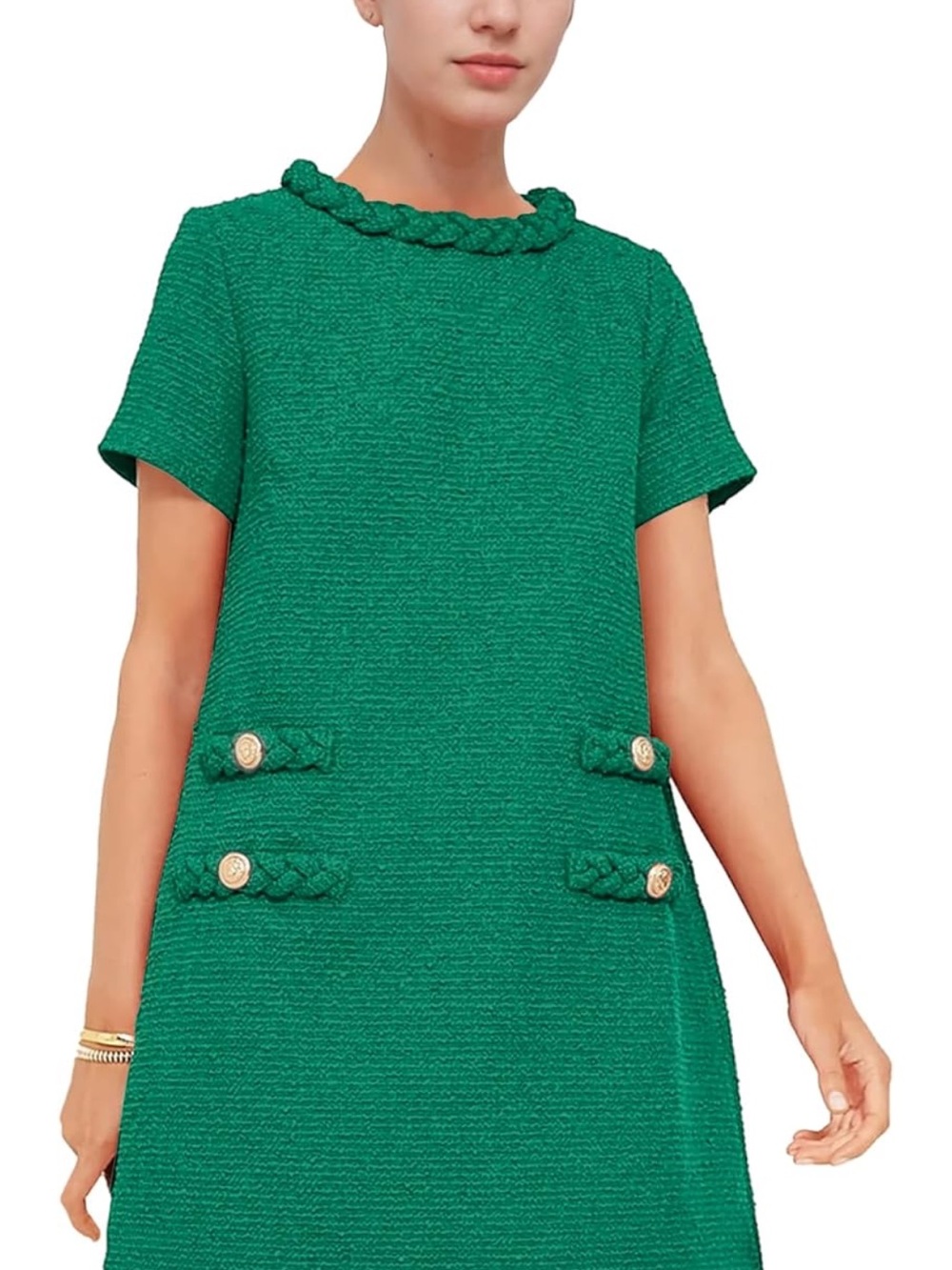 Braided Trim Green Tweed Shift Dress